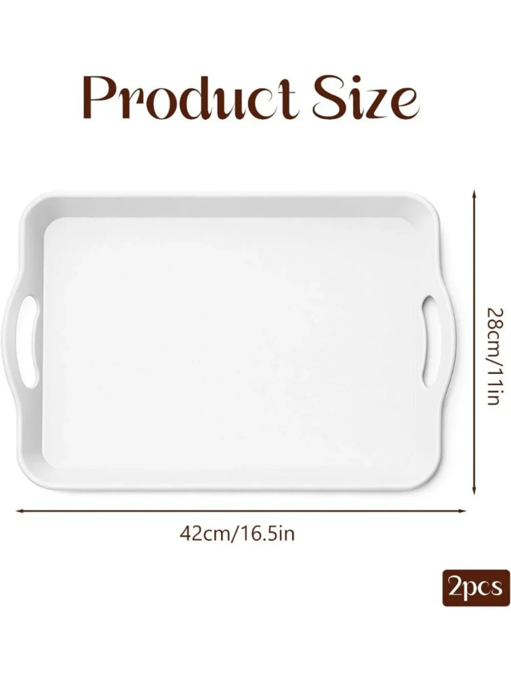 Set of 2 Large White Serving Trays with Handles - Rectangular Plastic Platters